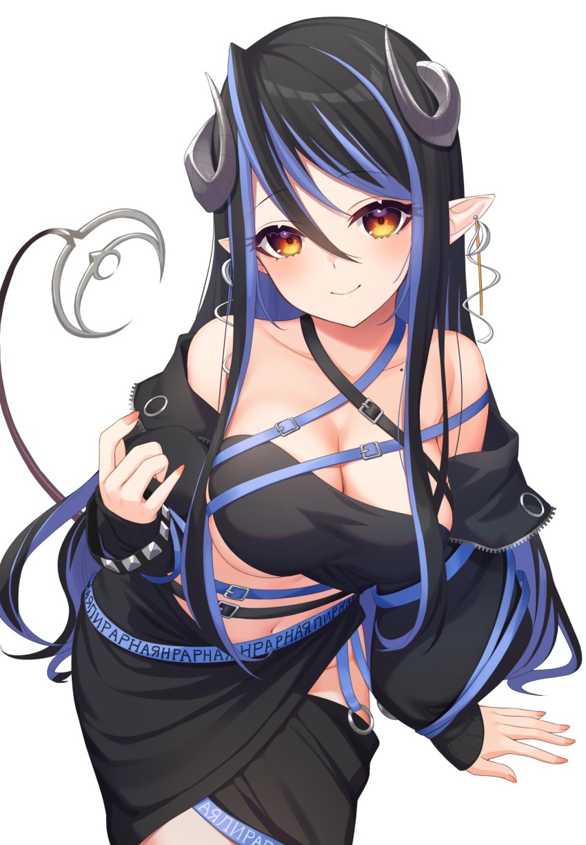 1girl 774_inc. bangs belt black_bandeau black_belt black_hair black_jacket black_skirt blue_belt blue_hair blush breasts brown_eyes chest_belt cleavage closed_mouth collarbone commentary cowboy_shot curled_horns demon_girl demon_horns demon_tail grey_horns hair_between_eyes hebiyoi_tier highres hip_vent horns jacket large_breasts long_hair long_sleeves looking_at_viewer multicolored_hair navel nishino_eri off_shoulder open_clothes open_jacket pink_nails pointy_ears sidelocks simple_background skirt smile solo sugar_lyric symbol-only_commentary tail two-tone_hair virtual_youtuber white_background