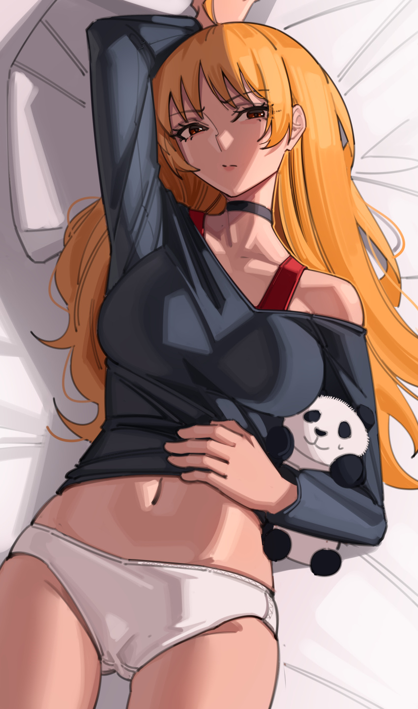 1girl absurdres ahoge animal arm_up bangs bed_sheet black_choker black_shirt bocchi_the_rock! bra breasts brown_eyes choker frown harris_hero highres holding holding_animal ijichi_seika large_breasts long_hair long_sleeves looking_at_viewer lying navel off_shoulder on_back orange_hair panda panties shirt solo sweatdrop underwear white_panties