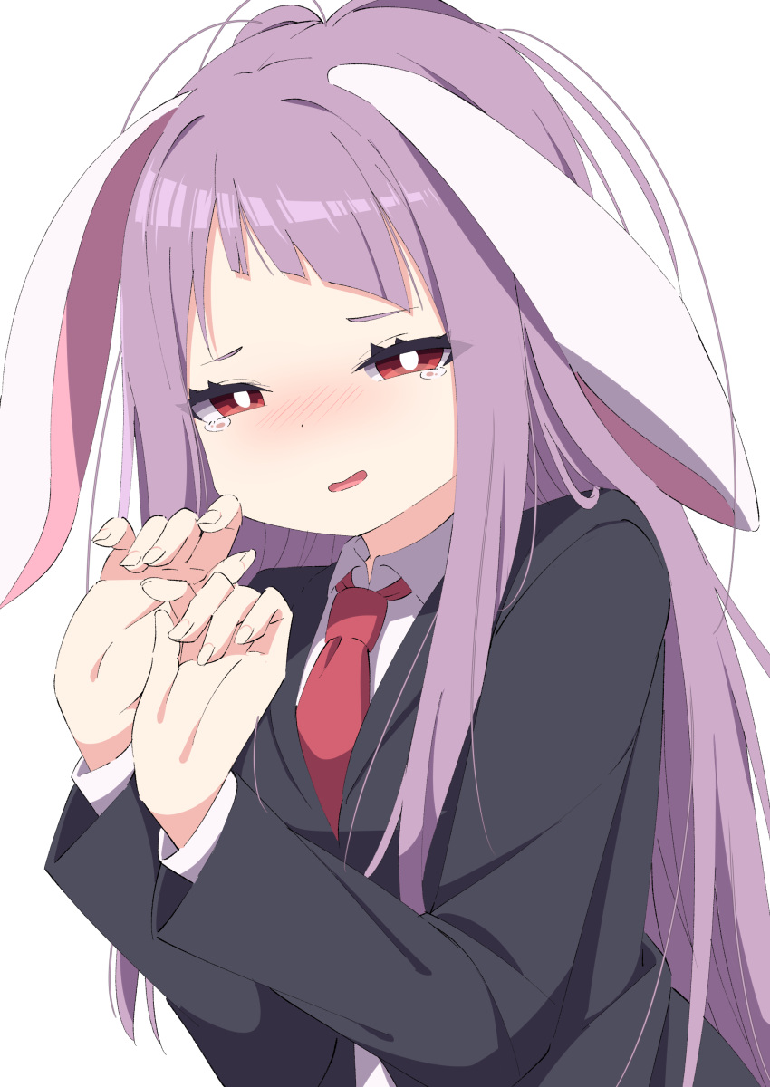 1girl absurdres alternate_hairstyle animal_ears black_jacket blazer blush collared_shirt fingernails highres jacket long_hair long_sleeves necktie open_mouth purple_hair rabbit_ears red_eyes red_necktie reisen_udongein_inaba shirt simple_background solo tears touhou tsukimirin upper_body white_background white_shirt