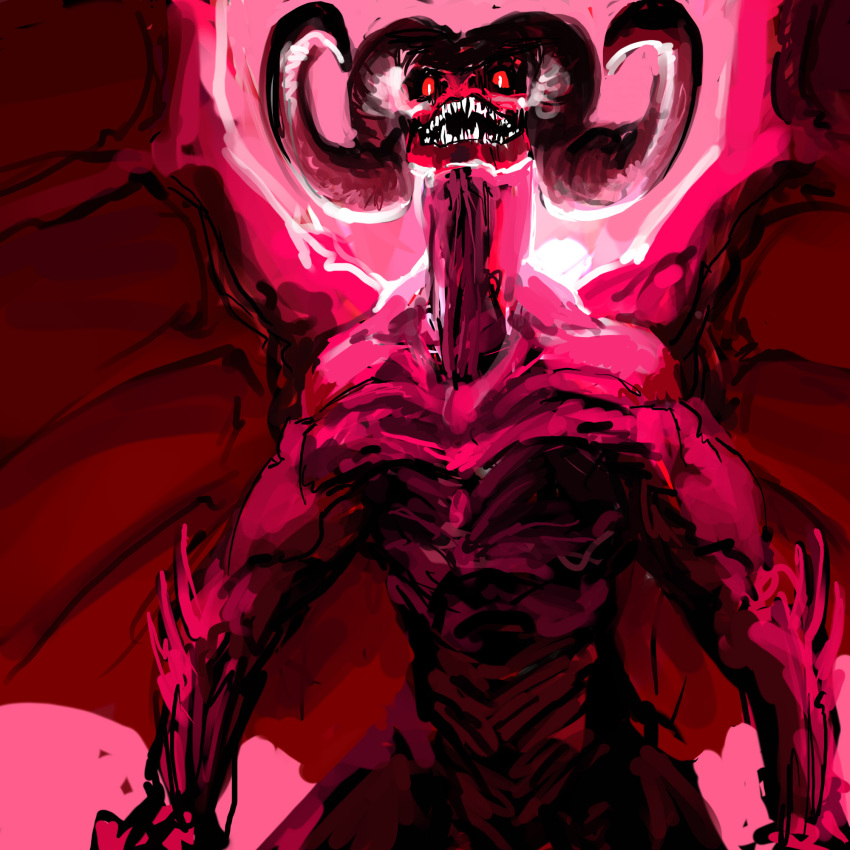 ambiguous_gender big_wings creepy curved_horn demon hi_res horn humanoid looking_at_viewer meandraco monster muscular red_body red_eyes red_skin scary sharp_teeth solo teeth wings