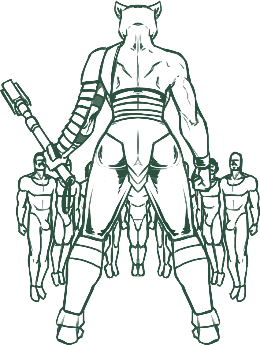 2023 absurd_res afro alien anthro anthro_focus armor back_muscles bald bare_back bare_shoulders big_bulge biped bottomwear bulge butt clothed clothing club_(weapon) cuffs_(clothing) digital_media_(artwork) erection erection_under_clothing exposed_back extended_arms faceless_anthro faceless_character faceless_female faceless_human faceless_male facial_hair felid female female_focus fingers fist full-length_portrait fully_clothed group hair hi_res holding_club holding_melee_weapon holding_object holding_weapon human humanoid_hands image_comics imminent_sex invincible_(comics) levitation lion loincloth male mammal melee_weapon monochrome muscular muscular_anthro muscular_female mustache pantherine pants pauldron portrait rear_view redout short_hair skinsuit solo_focus standing straight_legs tailless thokk's_daughter tight_bottomwear tight_clothing tight_pants viltrumite weapon wide_stance