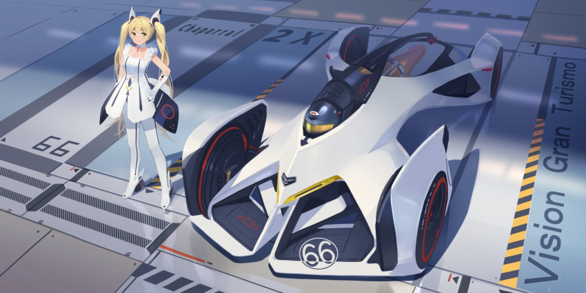 1girl bangs blonde_hair boots car closed_mouth ddal dress gloves ground_vehicle hand_on_hip highres long_hair looking_at_viewer motor_vehicle original race_vehicle racecar smile solo standing twintails white_dress white_gloves yellow_eyes