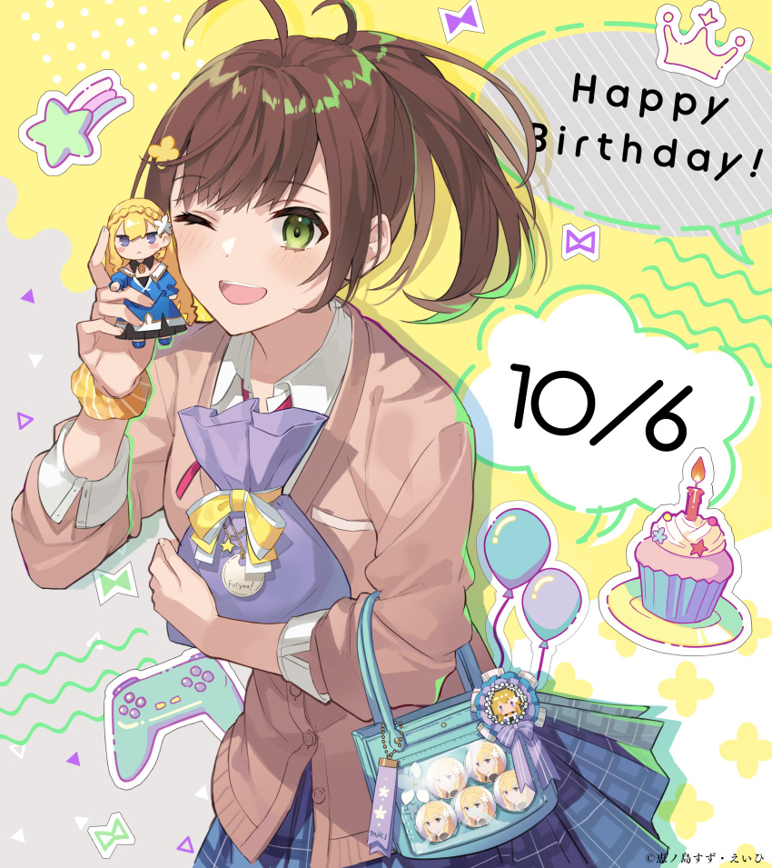 1girl :d ;d absurdres ahoge badge bag bag_charm balloon bangs blue_bag blue_skirt blush bow brown_cardigan brown_hair button_badge cameo candle cardigan character_doll charm_(object) controller crown cupcake dated diagonal_stripes doll eihi english_text floating_hair food game_controller gift gift_bag green_eyes hair_ornament hairclip hand_up handbag happy_birthday highres holding holding_doll holding_gift kobayashi_shihono lavender_background lieselotte_riefenstahl long_hair long_sleeves looking_at_viewer medal multicolored_background official_art one_eye_closed open_mouth plaid plaid_skirt pleated_skirt ponytail purple_ribbon ribbon school_uniform scrunchie shiny_hair skirt sleeve_cuffs smile solo speech_bubble sprinkles star_(symbol) striped striped_ribbon striped_scrunchie swept_bangs teeth thick_eyelashes tsundere_akuyaku_reijou_lieselotte_to_jikkyou_no_endou-kun_to_kaisetsu_no_kobayashi-san upper_body upper_teeth_only wing_collar wrist_scrunchie yellow_background yellow_bow yellow_ribbon yellow_scrunchie