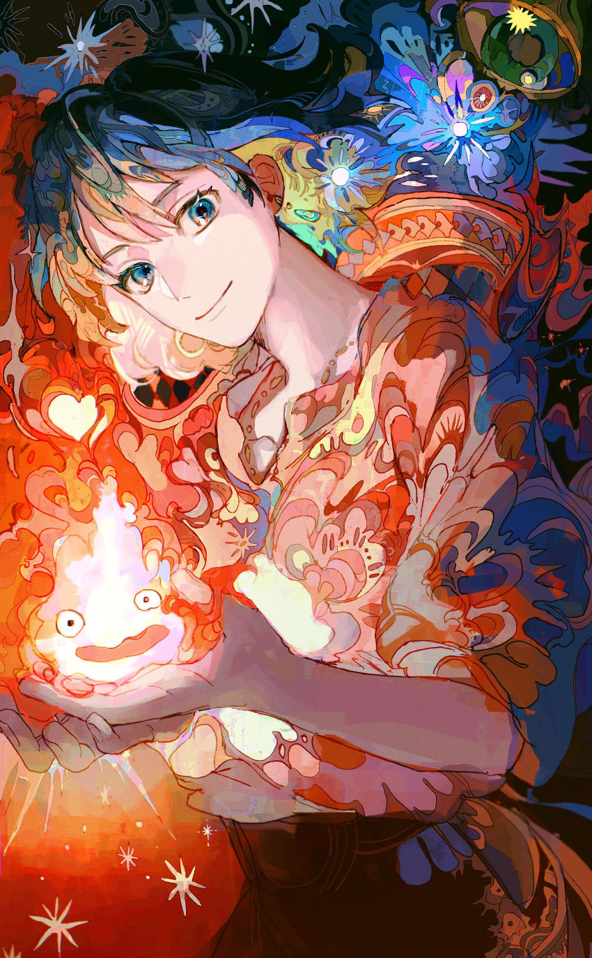 2boys absurdres blouse blue_eyes blue_hair calcifer closed_mouth earrings fire highres howl_(howl_no_ugoku_shiro) howl_no_ugoku_shiro jewelry looking_at_viewer medium_hair multiple_boys necklace pants patterned_clothing patterned_hair shirt smile yadu_nadu