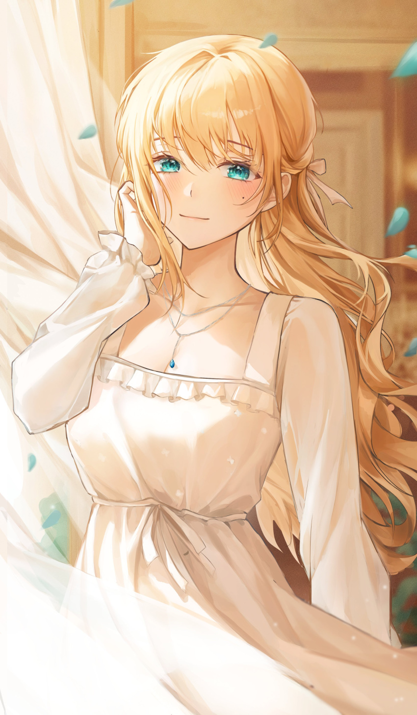 1girl absurdres bangs blonde_hair blurry blurry_background blush breasts brown_dress curtains dress green_eyes hand_up highres indoors large_breasts long_hair long_sleeves mole mole_under_eye original petals smile solo youwon0417