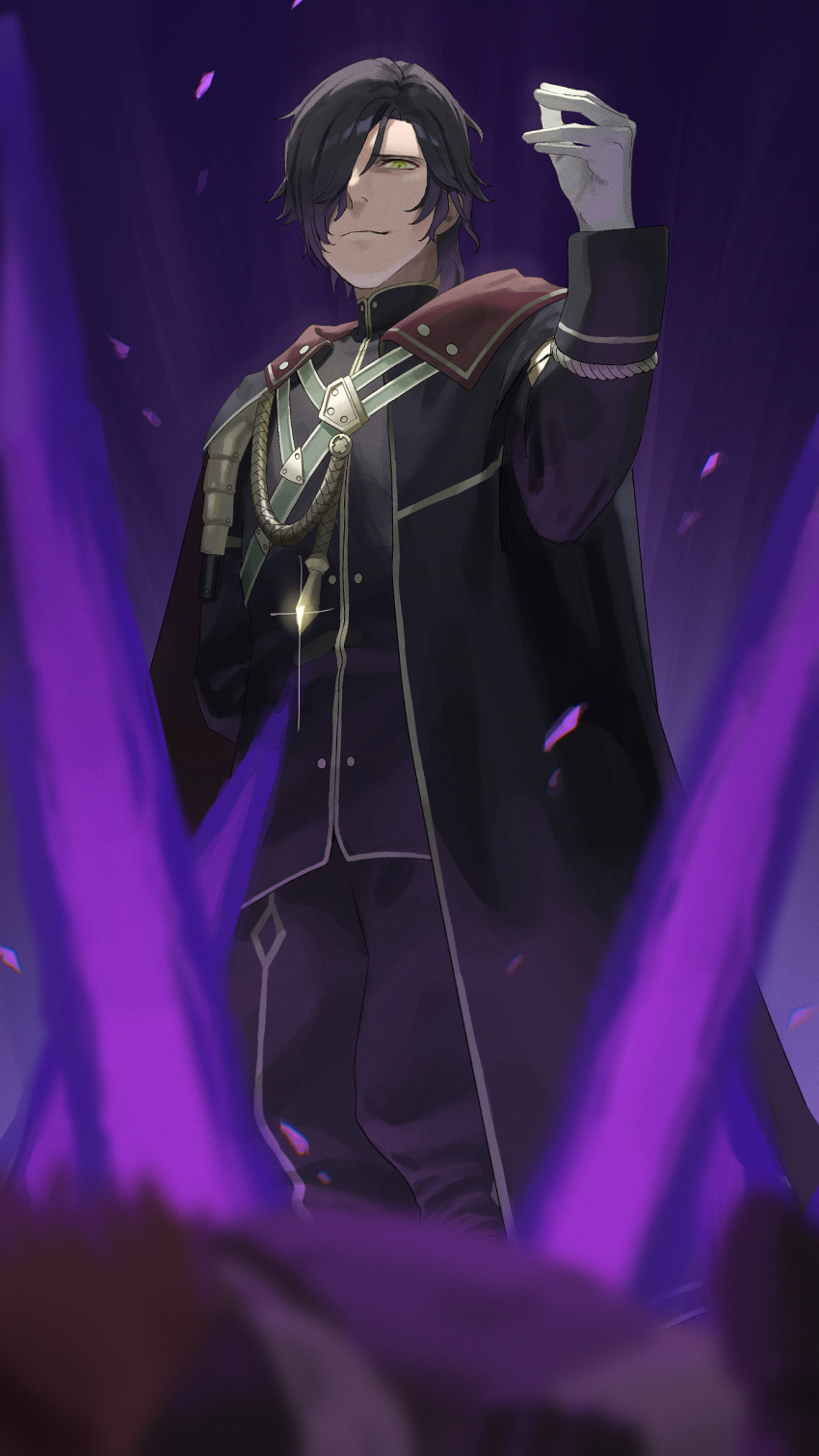 1boy absurdres black_coat black_hair black_jacket black_pants blurry blurry_foreground closed_mouth coat e5nf8v fire_emblem fire_emblem:_three_houses fire_emblem_warriors:_three_hopes from_below gloves green_eyes hair_over_one_eye highres hubert_von_vestra jacket long_sleeves looking_at_viewer male_focus official_alternate_costume official_alternate_hairstyle pants purple_background shiny_hair short_hair smile solo standing white_gloves