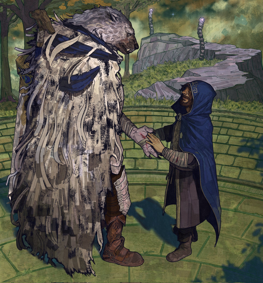 2023 anthro bandage beard biped blaidd_(elden_ring) blue_cloak blue_hood boots canid canine canis claws cloak clothing coat detailed_background digital_media_(artwork) duo elden_ring facial_hair fangs finger_claws footwear fromsoftware fur grey_body grey_fur hi_res human male mammal outside roamingthrough teeth topwear wolf wounded