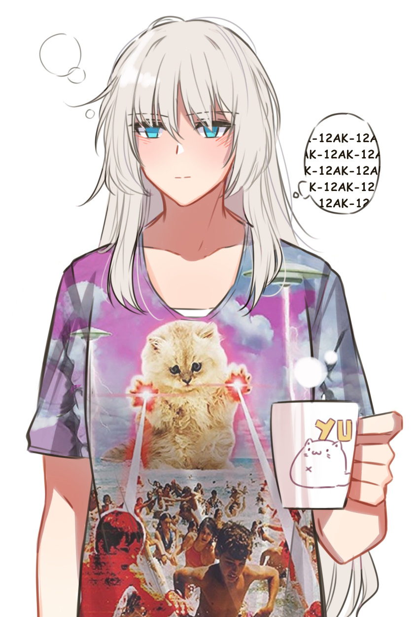 1girl :3 absurdres an-94_(girls'_frontline) blue_eyes cat coffee_mug collarbone cup english_text eyebrows_hidden_by_hair firing girls'_frontline hair_between_eyes highres holding holding_cup laser lasers long_hair messy_hair mug shirt simple_background solo t-shirt thought_bubble ufo white_background white_hair yuutama2804