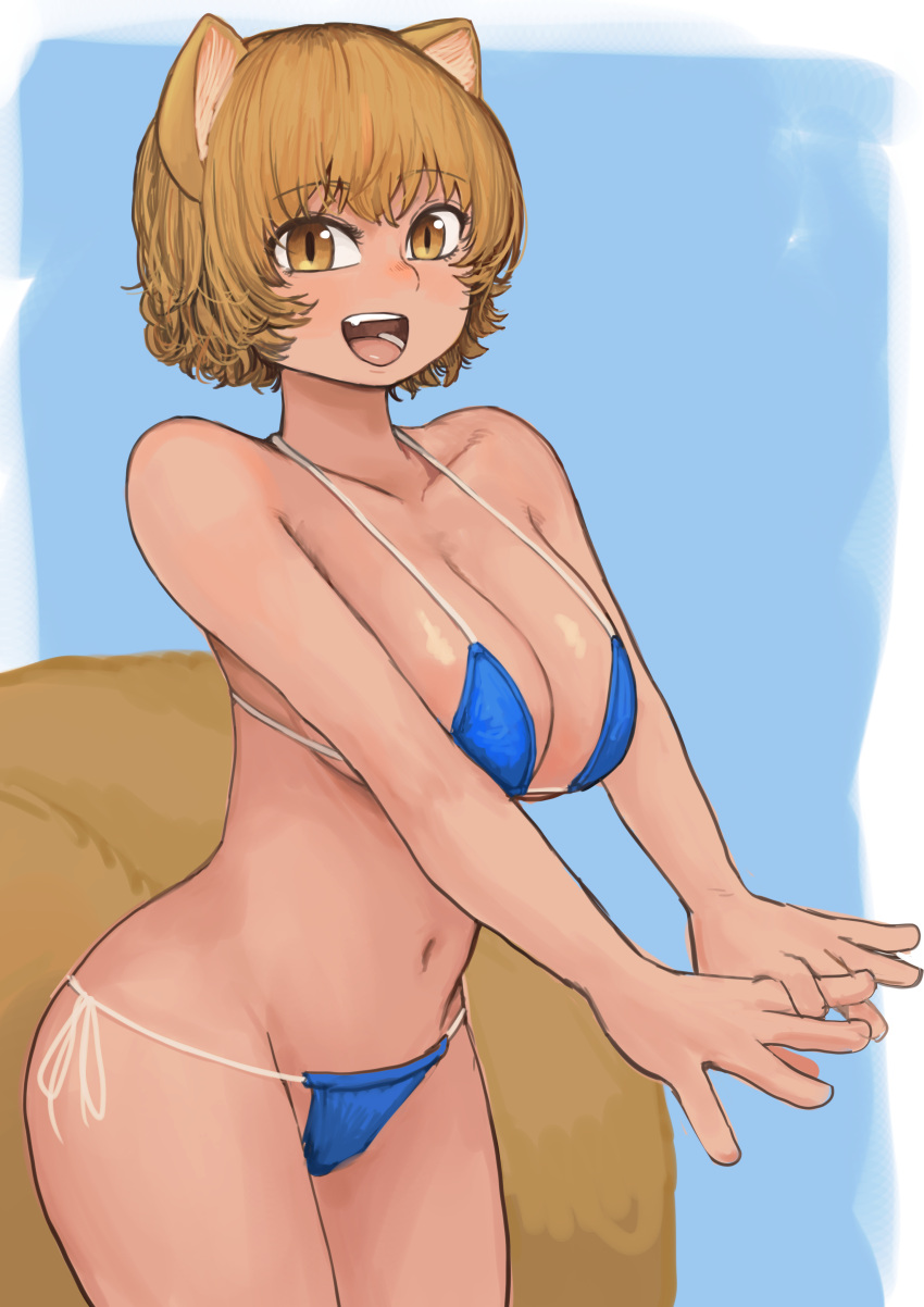 1girl absurdres animal_ears bikini blue_background blue_bikini breasts chanta_(ayatakaoisii) fox_ears fox_tail highres looking_at_viewer navel open_mouth own_hands_together short_hair side-tie_bikini_bottom simple_background solo string_bikini swimsuit tail teeth tongue touhou yakumo_ran