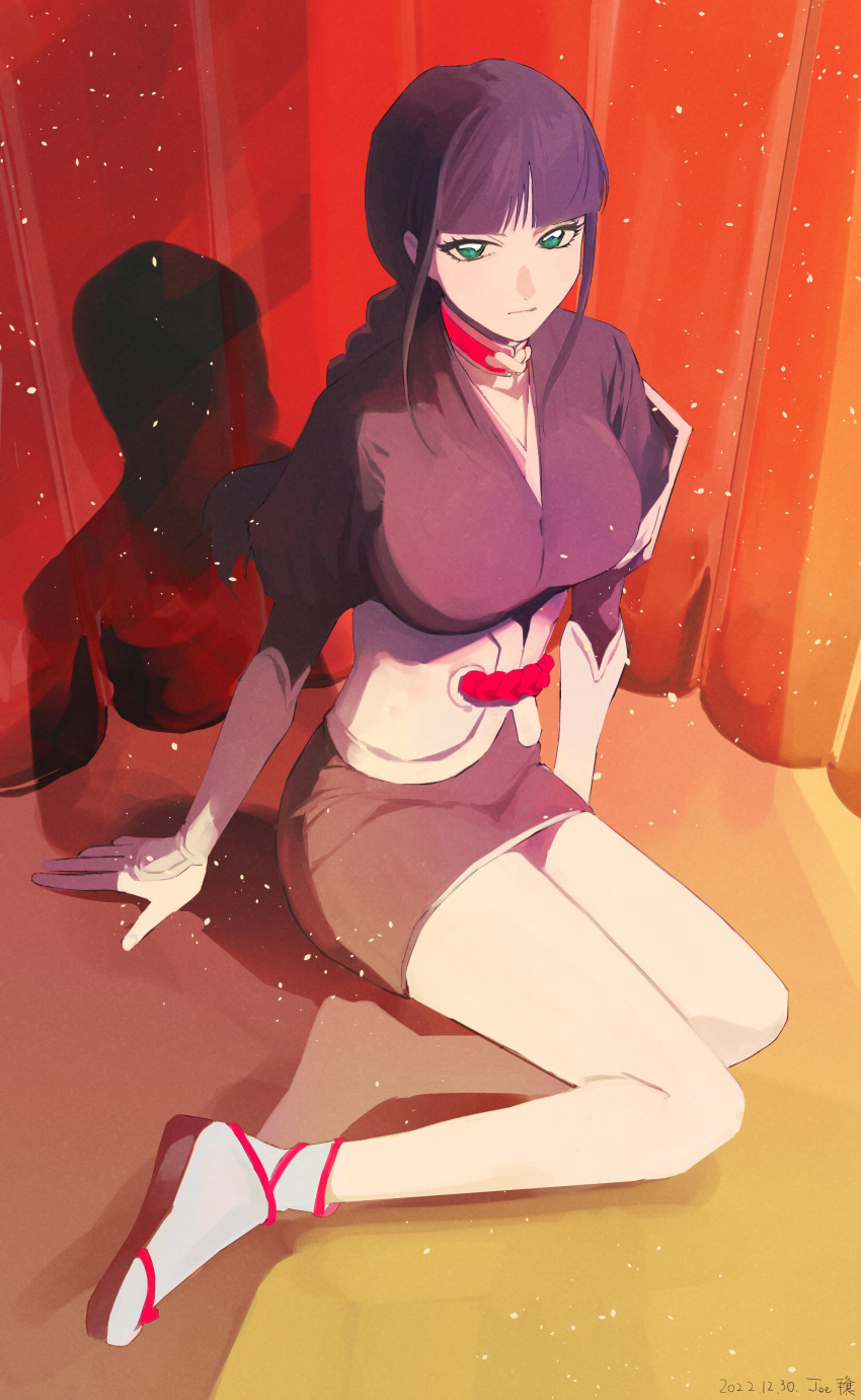 1girl absurdres bare_legs black_kimono bleach braid braided_ponytail breasts closed_mouth dated green_eyes highres japanese_clothes jou_(jo_jjo) kimono kurotsuchi_nemu large_breasts long_hair long_sleeves looking_at_viewer on_floor purple_hair signature solo