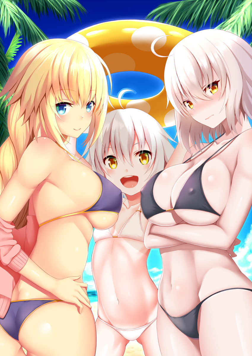 3girls ahoge ass bangs bikini blonde_hair blue_eyes blue_sky blush braid breasts brown_hair closed_mouth collarbone covered_nipples crossed_arms day fate/grand_order fate_(series) hand_on_hip highleg highleg_bikini highres innertube jacket jeanne_d'arc_(fate) jeanne_d'arc_(white_cruising)_(fate) jeanne_d'arc_alter_(avenger)_(fate) jeanne_d'arc_alter_(fate) jeanne_d'arc_alter_santa_lily_(fate) large_breasts long_hair looking_at_viewer multiple_girls navel off_shoulder open_clothes open_mouth pale_skin shiny shiny_hair shiny_skin short_hair sideboob simple_background single_braid sky small_breasts smile stomach swimsuit teeth thighs upper_teeth_only white_hair zukky