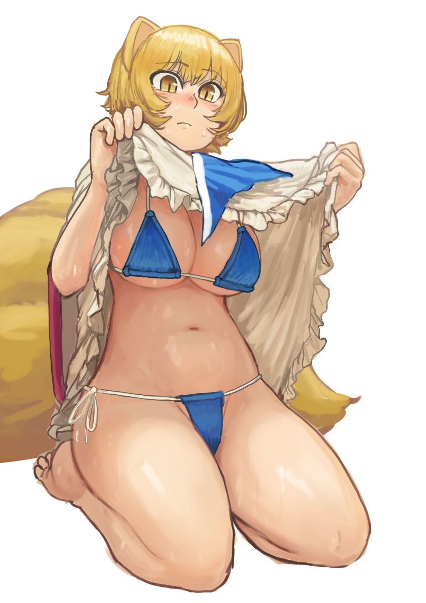 1girl absurdres animal_ears barefoot bikini blonde_hair breasts chanta_(ayatakaoisii) clothes_lift dress dress_lift fox_ears fox_tail full_body highres large_breasts lifted_by_self multiple_tails navel no_headwear seiza short_hair simple_background sitting solo swimsuit tabard tail toes touhou white_background white_dress yakumo_ran yellow_eyes