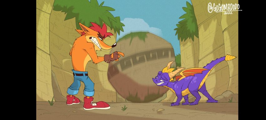 2022 activision anthro clothing crash_bandicoot crash_bandicoot_(series) crossover day dragon duo eye_contact feral fingerless_gloves footwear gloves gogomrdodo handwear hi_res looking_at_another male mammal marsupial membrane_(anatomy) membranous_wings rock signature smile spyro spyro_the_dragon wings