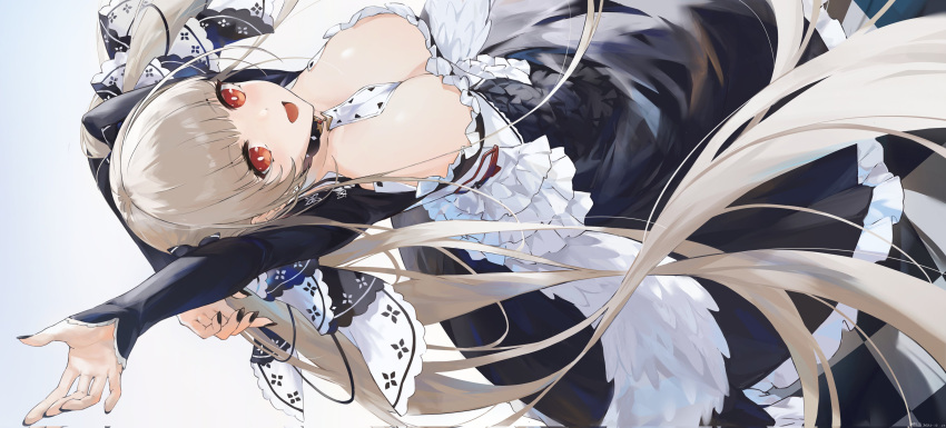 1girl absurdres arm_behind_head arm_up azur_lane bangs between_breasts breasts cleavage commentary_request dress feather_trim fingernails formidable_(azur_lane) frills gradient gradient_background grey_hair highres large_breasts long_hair long_skirt looking_at_viewer maid nail_polish open_mouth red_eyes shiny shiny_hair shiny_skin simple_background skirt smile solo swkl:d twintails