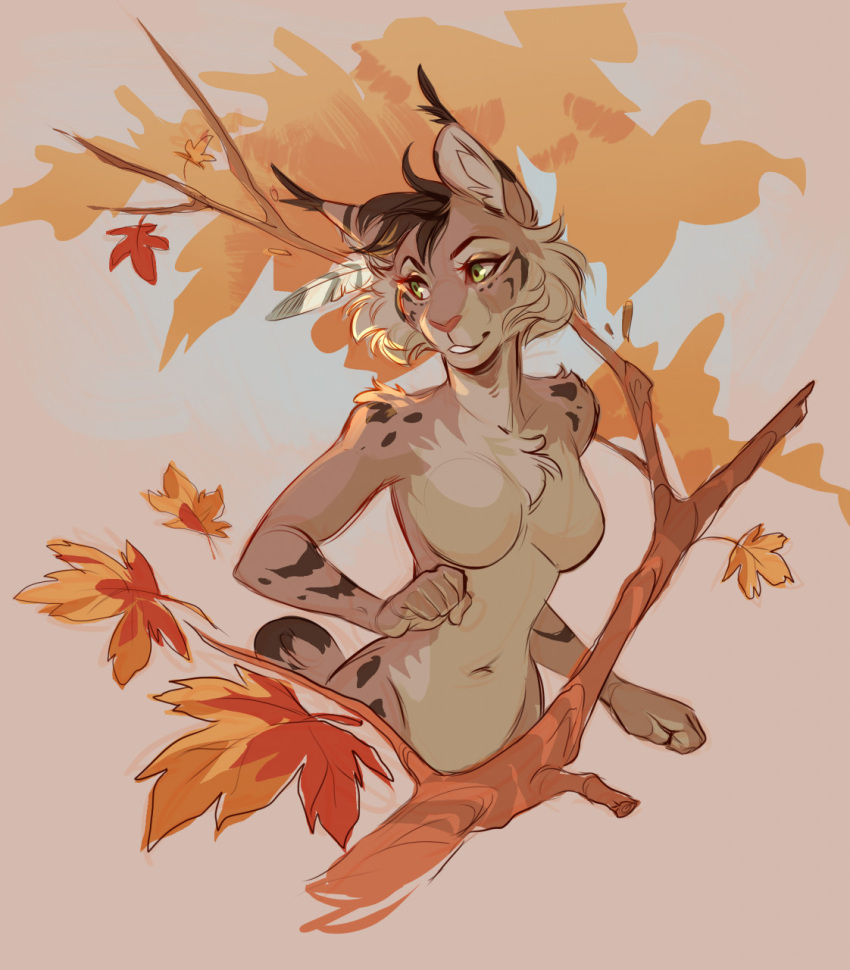 anthro autumn canadian_lynx demicoeur felid feline felis female hi_res leaf lynx mammal nicole_(nicnak044) pinup pose solo