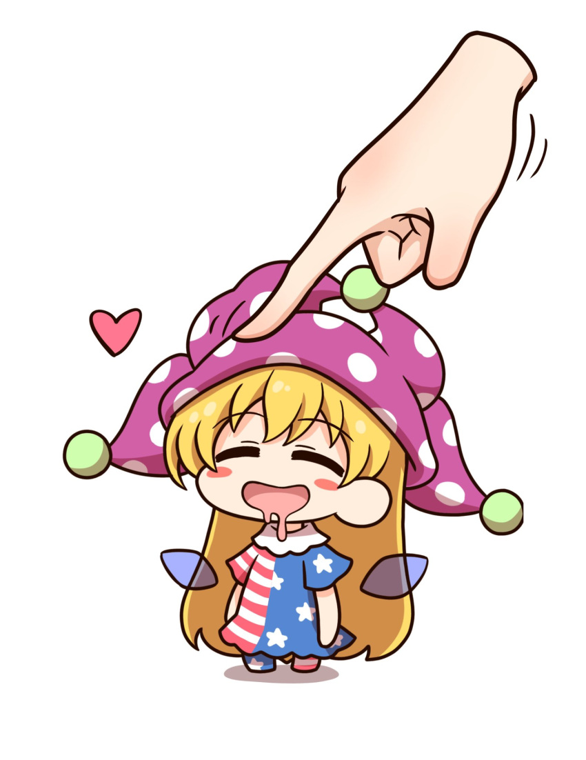 1girl 1other american_flag_dress bangs blonde_hair blush_stickers chibi closed_eyes clownpiece commentary_request dress drooling full_body hair_between_eyes hand_on_another's_head hat heart highres jester_cap long_hair neck_ruff no_shoes open_mouth pants petting pointing polka_dot purple_headwear shadow shitacemayo short_sleeves simple_background smile standing star_(symbol) star_print striped striped_dress striped_pants tongue touhou transparent_wings very_long_hair white_background wings