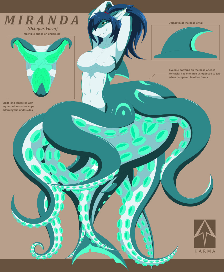 2019 animal_humanoid anthro anus blue_hair breasts brown_background cecaelia cephalopod cephalopod_humanoid coleoid dorsal_fin ear_piercing female fin fish genitals glistening glistening_body glistening_hair glistening_skin glistening_tentacles green_anus green_body green_eyes green_skin green_stripes hair hands_behind_head hi_res hiding_nipple humanoid hybrid key marine marine_humanoid mollusk mollusk_humanoid obscured_nipples octopodiform octopus octopus_humanoid open_mouth orifice piercing ponytail pussy red_ribbon shark simple_background skin_pattern smile solo stripes suction_cup symbol taur tentacles text unknown_artist white_body white_skin zipper