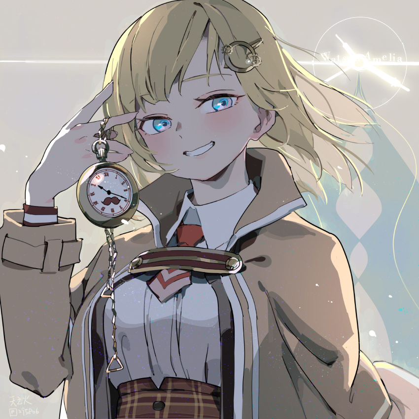 1girl bangs blonde_hair blue_eyes blush breasts brown_background brown_coat coat collared_shirt commentary_request facing_viewer grin hair_ornament hand_up highres holding holding_pocket_watch hololive hololive_english large_breasts long_sleeves looking_ahead medium_hair necktie open_clothes open_coat open_mouth plaid pocket_watch red_necktie shirt shirt_tucked_in smile solo teeth tennohi upper_body virtual_youtuber watch watson_amelia white_shirt