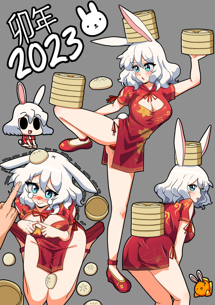 1girl 2023 absurdres acefish animal_ears ass balancing balancing_on_head bamboo_steamer baozi bare_legs blush breasts china_dress chinese_clothes chinese_zodiac cleavage cleavage_cutout clothing_cutout dress english_commentary failure food highres index_fingers_together large_breasts leaning_forward mary_(acefish) multiple_views original panties rabbit_ears rabbit_girl red_dress red_footwear red_panties scolding standing standing_on_one_leg tearing_up trembling underwear white_hair year_of_the_rabbit