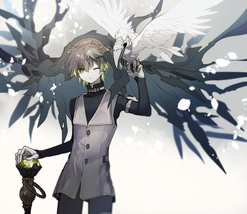 1boy animal_on_hand bird black_pants black_shirt brown_hair cyawa duplicate gloves green_eyes green_hair grey_background grey_vest hand_up highres long_sleeves male_focus multicolored_hair original pants pixel-perfect_duplicate shirt solo torn_clothes two-tone_hair vest white_gloves