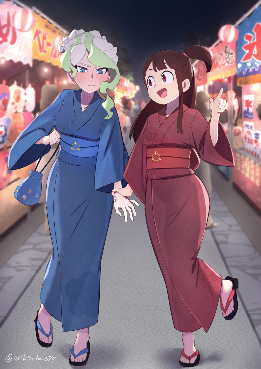 2girls arikindows10 asymmetrical_bangs bag bangs blonde_hair blue_bag blue_eyes blue_kimono blunt_bangs blunt_ends blurry blush brown_hair closed_mouth collarbone commission depth_of_field diana_cavendish embarrassed festival full_body hand_up highres holding holding_bag holding_hands index_finger_raised japanese_clothes kagari_atsuko kimono little_witch_academia long_hair long_sleeves looking_at_another looking_down market_stall multicolored_hair multiple_girls night night_sky obi one_side_up open_mouth outdoors pointing pointing_forward print_kimono red_eyes red_kimono sandals sash short_eyebrows short_hair_with_long_locks single_sidelock skeb_commission sky smile sweatdrop tareme tsurime two-tone_hair wavy_hair wavy_mouth white_hair wide_sleeves yukata