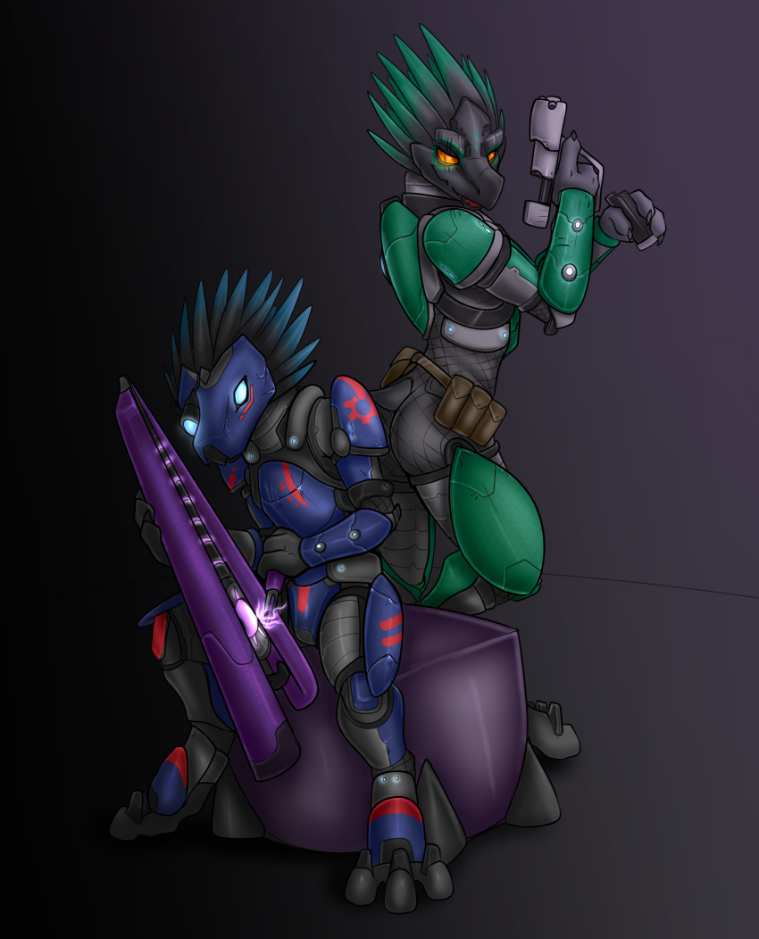 3_fingers 3_toes absurd_res alien alien_humanoid amber_eyes anthro armor avian bastiel beak beam_rifle blue_body blue_feathers body_armor butt claws colored cuisse digitigrade duo eye_scar facial_scar feather_hair feathered_crest feathers feet female finger_claws fingers glowing glowing_eyes green_body green_feathers grey_body grey_skin gun halo_(series) head_crest headgear helmet hen_(bastiel) hi_res holding_gun holding_object holding_weapon humanoid kig-yar looking_at_object looking_at_viewer looking_at_weapon microsoft pseudo_hair pupils ranged_weapon scalie scar shaded short_tail simple_background sitting slit_pupils small_tail spaulder standing t'vaoan tail toes weapon working xbox_game_studios
