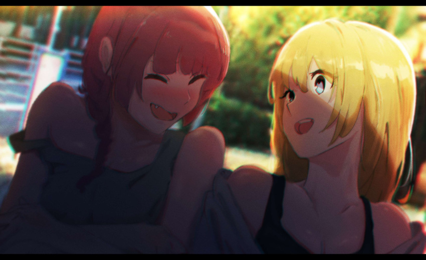 2girls absurdres bangs black_tank_top blue_eyes blunt_bangs blurry blurry_background bocchi_the_rock! braid closed_eyes collarbone commentary_request fang gerar_dc green_tank_top highres hiroi_kikuri laughing letterboxed long_hair multiple_girls open_mouth red_hair shadow shimizu_eliza shoulder_blades single_braid sleeveless tank_top teeth upper_body upper_teeth_only