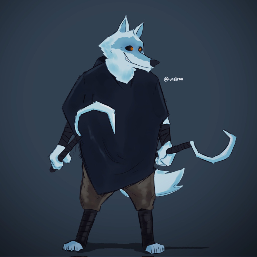 anthro bandage black_clothing black_sclera bottomwear brown_bottomwear brown_clothing brown_pants canid canine canis cape clothing death_(puss_in_boots) dreamworks fur grey_body grey_fur hi_res male mammal pants puss_in_boots_(film) puss_in_boots_the_last_wish red_eyes smile solo vistrou weapon wolf