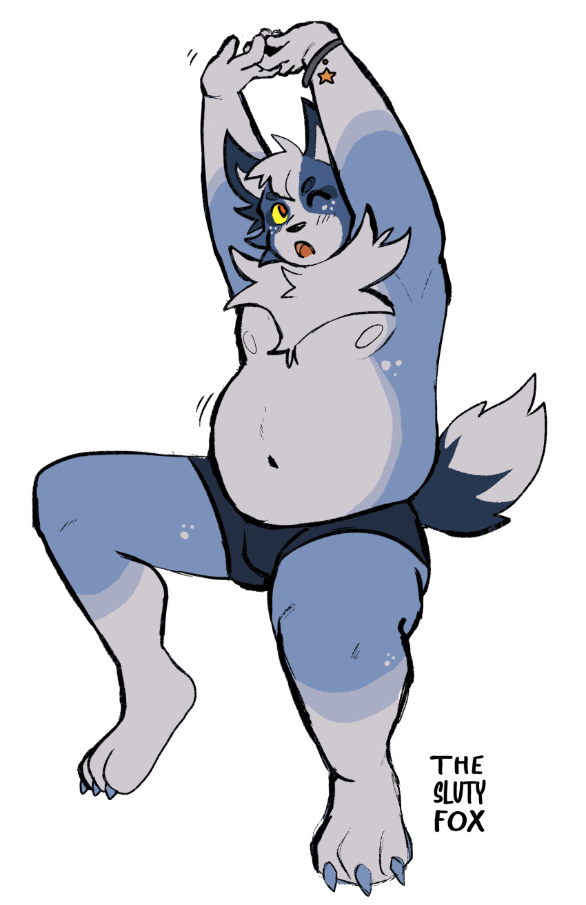 absurd_res anthro blue canid canine chest_(disambiguation) fluffy fox hi_res invalid_tag male mammal slightly_chubby solo stretching tail theslutyfox