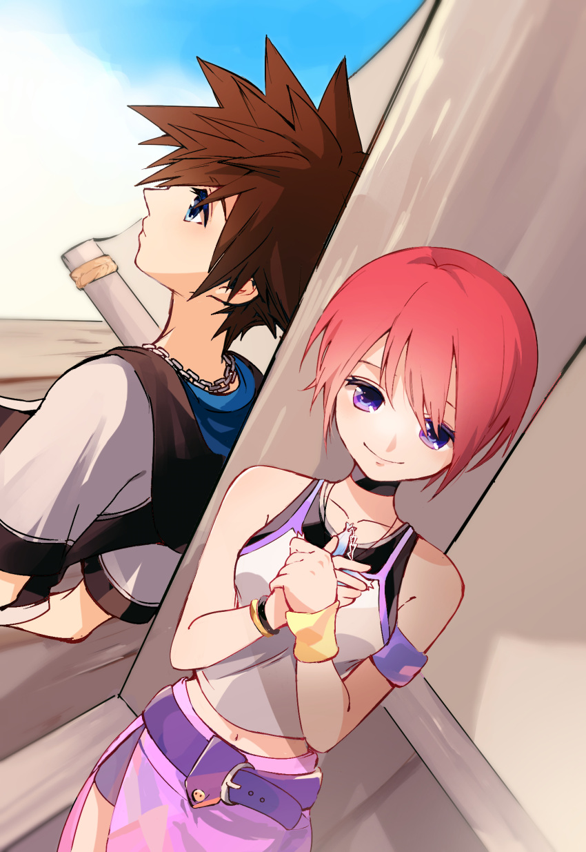 1boy 1girl armband bare_shoulders black_tank_top blue_eyes breasts brown_hair camisole chain_necklace hair_between_eyes hand_on_own_chest highres hood hood_down hooded_jacket jacket jewelry kairi_(kingdom_hearts) kingdom_hearts kingdom_hearts_i medium_breasts midriff navel necklace own_hands_together pink_skirt purple_eyes ramochi_(auti) red_hair short_hair short_sleeves shorts shorts_under_skirt skirt smile sora_(kingdom_hearts) spiked_hair tank_top white_camisole wristband