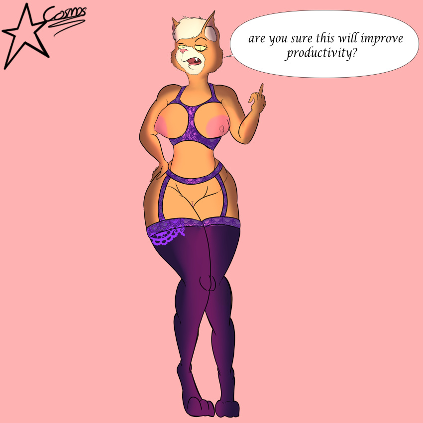 absurd_res annoyed_expression anthro breasts clothed clothing cosmosarts dr._t'ana exposed_breasts fangs felid feline female fuck_you genitals hi_res lencerie mammal mean_look nude partially_clothed pussy solo star_trek star_trek_lower_decks teeth thick_thighs underwear