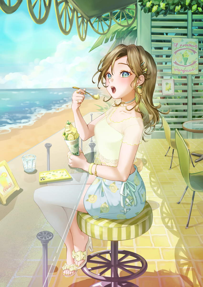 1girl absurdres bangs bar_stool beach blue_eyes blush bracelet brown_hair cellphone chair choker crossed_ankles cup day earrings eating food food-themed_earrings fruit glass_table hair_ornament hairclip high_heels highres holding holding_food holding_spoon jewelry lace-trimmed_shirt lace_trim layered_shirt lemon lemon_earrings lemon_print lemon_slice long_hair multiple_riders ocean open_mouth original outdoors palm_tree parfait parted_bangs phone poffso poster_(object) sand see-through see-through_shirt shirt short_sleeves side-tie_skirt sitting sky smartphone solo spoon stool summer table tank_top thumb_ring tree