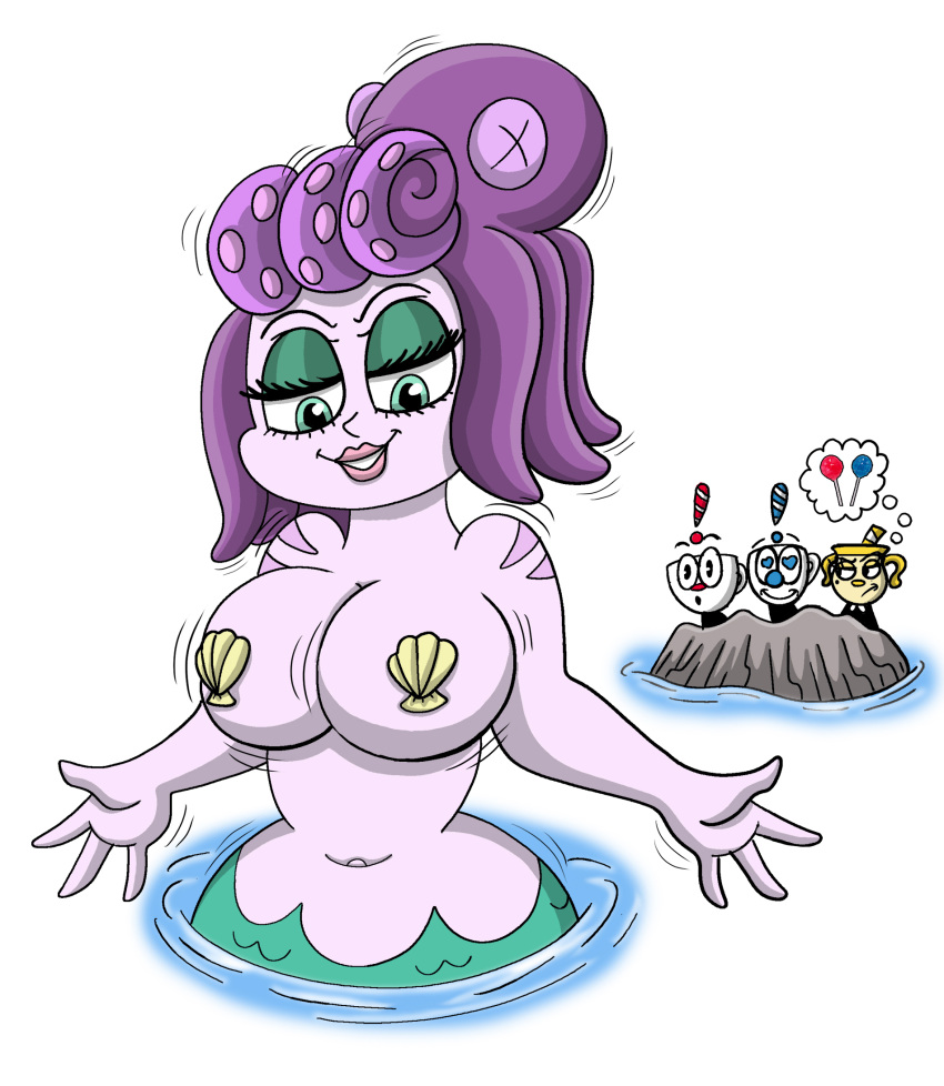 big_breasts blue_eyes breasts cala_maria cephalopod coleoid cuphead_(character) cuphead_(game) european_mythology eyeshadow female gorgon greek_mythology group hi_res huge_breasts humanoid makeup marine merfolk mollusk ms._chalice mugman mythology octopodiform octopus pasties purple_body sea_monster seashell shell shinragod split_form