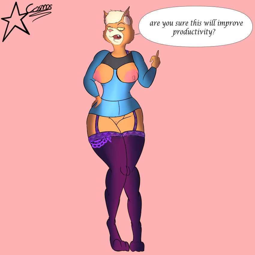 absurd_res annoyed_expression anthro breasts clothed clothing cosmosarts dr._t'ana exposed_breasts fangs felid feline female genitals hi_res lencerie mammal mean_look partially_clothed pussy solo star_trek star_trek_lower_decks teeth thick_thighs
