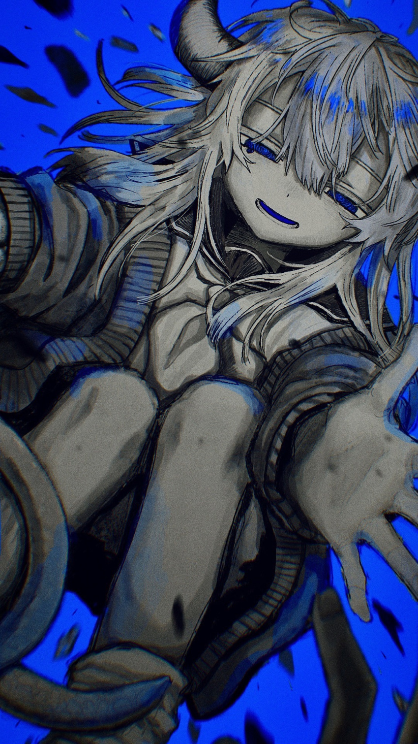1girl 1other alien_girl_(isei_ni_ikou_ne) bangs blue_background blue_eyes blue_theme blunt_bangs cardigan cardigan_partially_removed debris feet_out_of_frame from_below greyscale hair_between_eyes half-closed_eyes highres horns isei_ni_ikou_ne_(iyowa) knees_together_feet_apart long_hair long_sleeves looking_at_viewer looking_down loose_socks monochrome neckerchief open_cardigan open_clothes open_mouth out_of_frame pov pov_hands reaching_towards_viewer sailor_collar school_uniform serafuku shiny_hair sidelocks smile socks solo_focus spot_color suuno_kamibukuro tearing_up