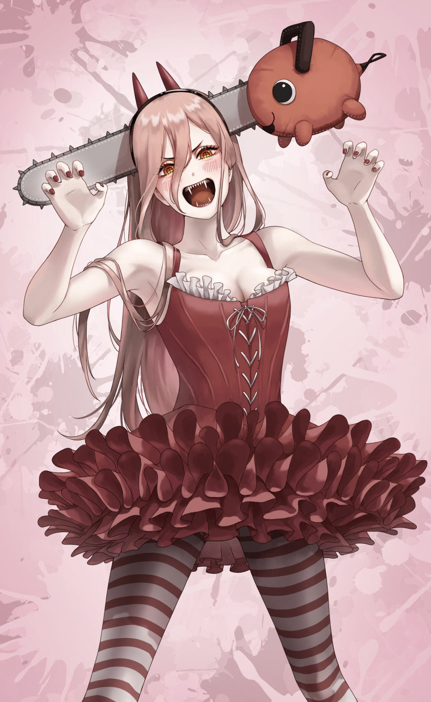 1girl absurdres bangs blush breasts chainsaw_man character_hat claw_pose cleavage cross-laced_dress dress fangs hairband hands_up highres horns long_fangs long_hair medium_breasts nail_polish narrowed_eyes open_mouth pantyhose pink_hair pochita_(chainsaw_man) poffso power_(chainsaw_man) red_eyes sleeveless sleeveless_dress smile striped striped_pantyhose symbol-shaped_pupils tutu v-shaped_eyebrows very_long_hair