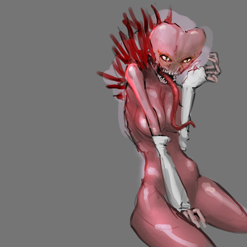 alien breasts clothing covering covering_breasts covering_crotch covering_self female fingerless_gloves gloves handwear hi_res humanoid long_tongue meandraco monster mostly_nude red_body red_skin solo spines teeth tongue white_clothing white_gloves white_handwear yellow_eyes