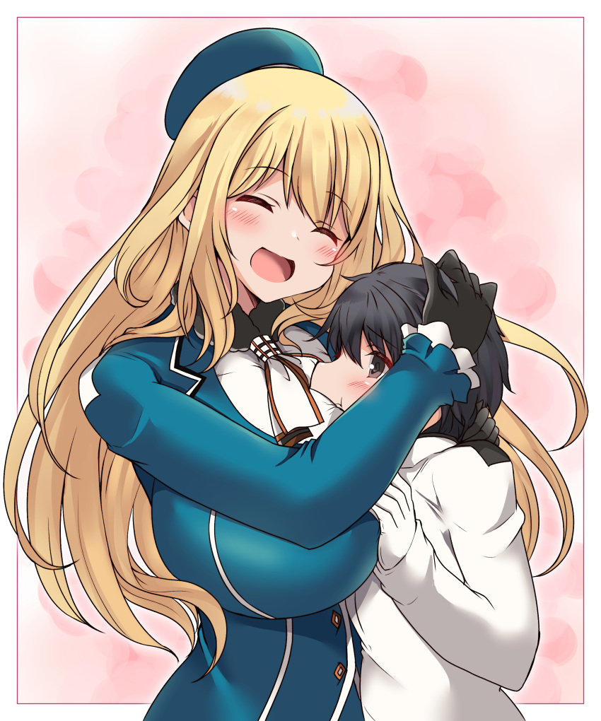 1boy 1girl absurdres admiral_(kancolle) age_difference atago_(kancolle) bangs black_gloves black_hair blonde_hair blush border breasts buttons closed_eyes closed_mouth commentary_request commission dot_nose from_side gloves hand_on_another's_head hat height_difference highres huge_breasts kantai_collection kurokaze_no_sora long_hair long_sleeves military military_uniform onee-shota open_mouth outside_border short_hair skeb_commission uniform upper_body white_border white_gloves