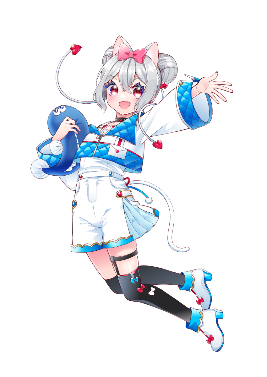 1girl absurdres animal_ears bangs blush bow bow_legwear cat_ears cat_girl cat_tail choker double_bun footwear_bow full_body garter_straps grey_hair hair_bow hair_bun hair_ornament heart high_heels highres holding holding_stuffed_toy jacket kneehighs long_sleeves masumofu nail_polish open_mouth original outstretched_arm pink_eyes quilted_clothes quilted_jacket shorts single_garter_strap smile socks solo stuffed_animal stuffed_fish stuffed_toy tail thigh_strap