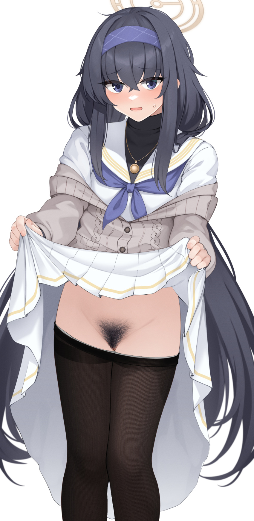 1girl black_hair black_pantyhose blue_archive blue_eyes blue_hairband blue_neckerchief clothes_lift clothes_pull female_pubic_hair hair_between_eyes hairband halo highres lifted_by_self long_hair long_sleeves looking_at_viewer momoiro_lettuce neckerchief open_mouth pantyhose pantyhose_pull pubic_hair shirt simple_background skirt skirt_lift solo standing ui_(blue_archive) very_long_hair white_background white_shirt white_skirt