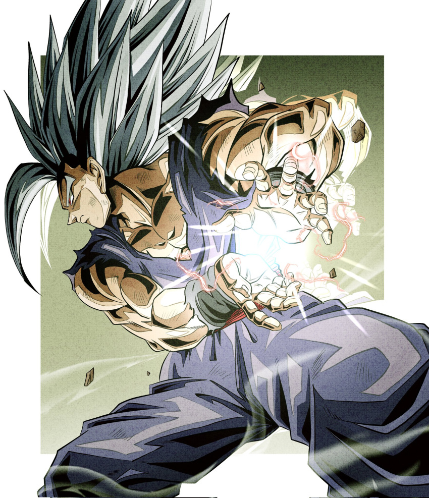 1boy biceps black_wristband border closed_mouth collarbone commentary_request dougi dragon_ball dragon_ball_super dragon_ball_super_super_hero electricity energy feet_out_of_frame fighting_stance gohan_beast gradient gradient_background grey_hair hands_up highres long_hair looking_ahead male_focus multicolored_background muscular muscular_male outside_border pectorals profile red_eyes red_sash sash serious solo son_gohan spiked_hair standing ushi_(akabec0) v-shaped_eyebrows white_border wristband