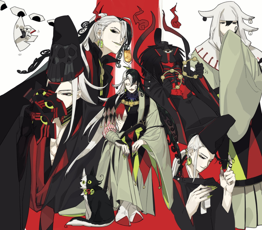 1boy ashiya_douman_(fate) bell black_eyes black_hair black_headwear black_nails collage constellation_print curly_hair earrings evil_smile extra_eyes eyeshadow fate/grand_order fate_(series) fingernails green_eyeshadow green_kimono green_lips green_nails hadanugi_dousa hair_bell hair_between_eyes hair_intakes hair_ornament hat heian highres japanese_clothes jewelry kimono long_hair magatama magatama_earrings makeup male_focus multicolored_hair official_alternate_costume official_alternate_hairstyle onmyouji open_clothes open_kimono plm233 sharp_fingernails shikigami short_hair smile split-color_hair tate_eboshi very_long_fingernails very_long_hair white_hair wide_sleeves