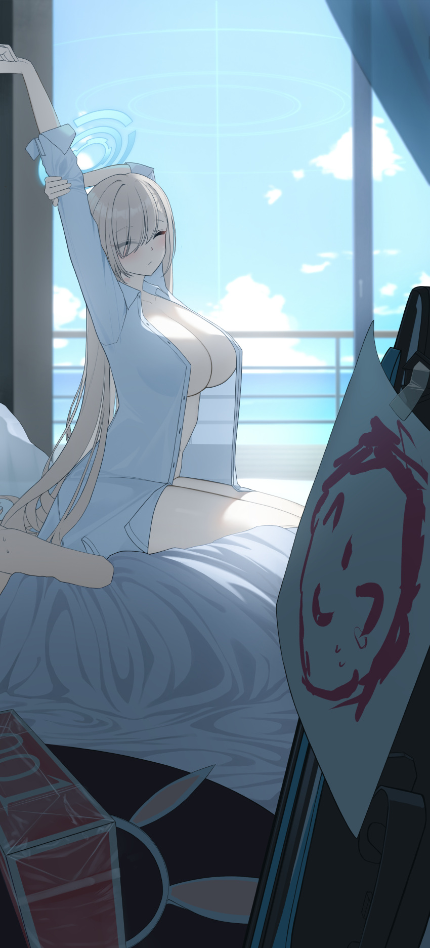 1boy 1girl absurdres arms_up asuna_(blue_archive) bed blonde_hair blue_archive blue_sky breasts closed_eyes closed_mouth cloud cloudy_sky collared_shirt condom_box day dress_shirt eyes_visible_through_hair hair_ornament halo highres implied_after_sex large_breasts long_hair morning naked_shirt on_bed open_clothes open_shirt pla0658 rabbit_hair_ornament sensei_(blue_archive) shirt sky stretching unbuttoned unbuttoned_shirt very_long_hair waking_up white_shirt