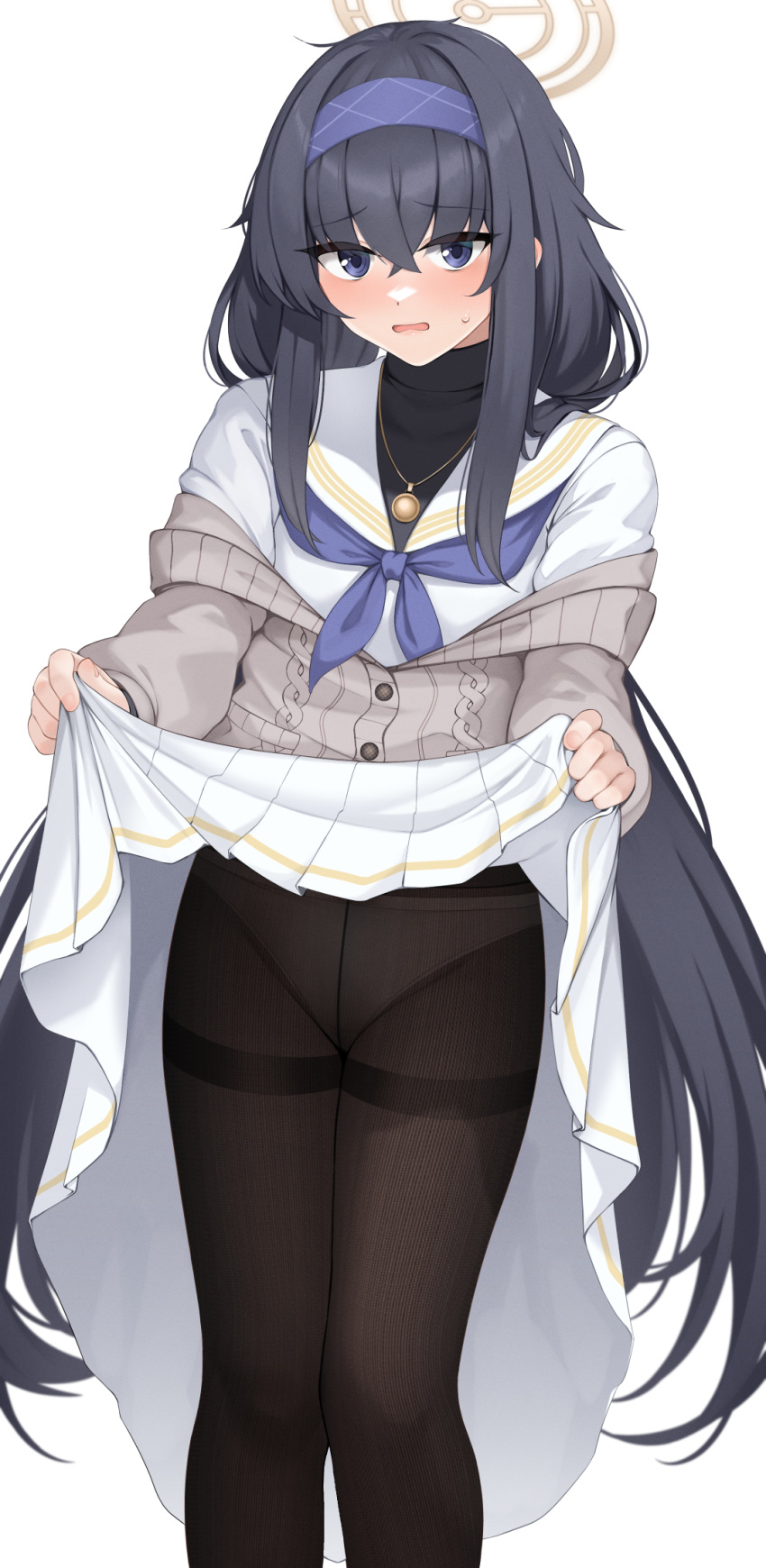 1girl black_hair black_pantyhose blue_archive blue_eyes blue_hairband blue_neckerchief clothes_lift hair_between_eyes hairband halo highres lifted_by_self long_hair long_sleeves looking_at_viewer momoiro_lettuce neckerchief open_mouth panties panties_under_pantyhose pantyhose shirt simple_background skirt skirt_lift solo standing ui_(blue_archive) underwear very_long_hair white_background white_shirt white_skirt