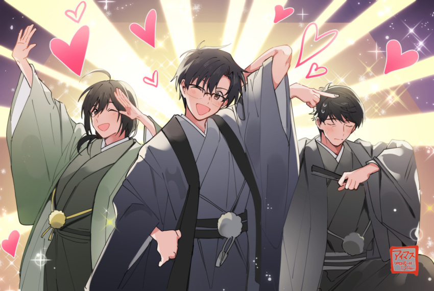 3boys ;d ahoge arm_behind_head artist_name black_hair blue_hair blush brown_eyes closed_eyes embarrassed eunram glasses green_kimono grey_kimono hakama hand_fan hand_on_hip heart holding holding_fan idolmaster idolmaster_(classic) idolmaster_cinderella_girls idolmaster_side-m japanese_clothes kimono low_ponytail male_focus multiple_boys one_eye_closed open_mouth outstretched_arm parody pom_pom_(clothes) ponytail producer_(idolmaster) producer_(idolmaster_anime) producer_(idolmaster_cinderella_girls_anime) producer_(idolmaster_side-m_anime) sexy_guilty_(idolmaster) signature smile sparkle sweatdrop