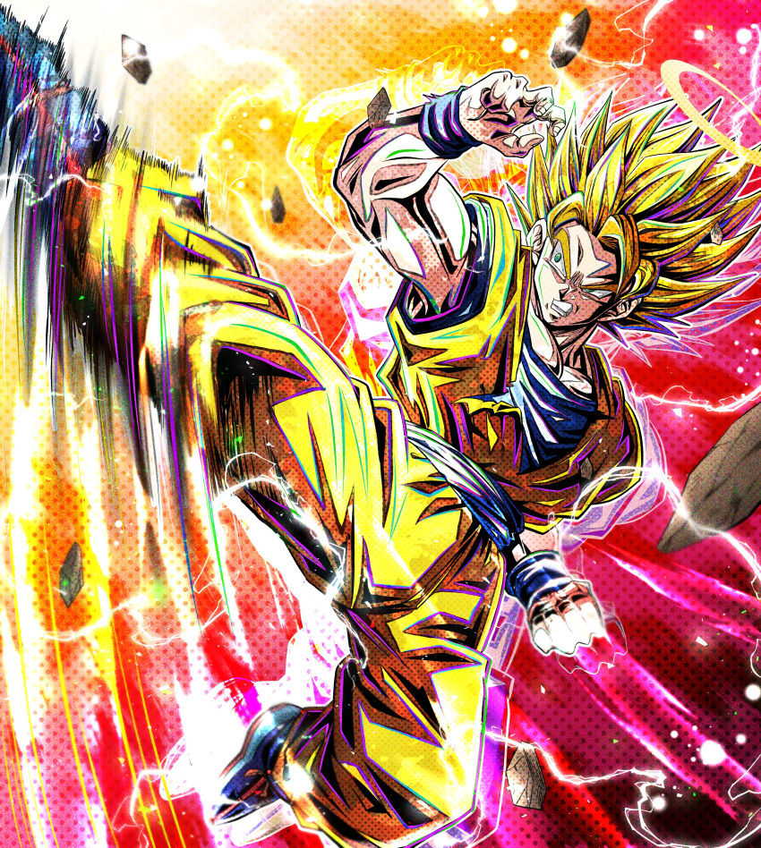 1boy absurdres arm_up biceps black_wristband blonde_hair blue_sash blue_shirt clenched_hand clenched_teeth commentary_request dougi dragon_ball dragon_ball_z electricity energy gogeta gradient gradient_background green_eyes halftone halo highres kicking male_focus motion_blur motion_lines multicolored_background muscular muscular_male pectorals rock sash serious shirt short_sleeves solo spiked_hair super_saiyan super_saiyan_1 teeth ushi_(akabec0) v-shaped_eyebrows wristband