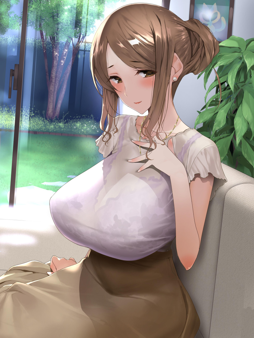 1girl absurdres blush bra bra_visible_through_clothes breasts brown_hair brown_skirt couch earrings grass hair_bun hand_on_own_chest high-waist_skirt highres hima indoors jewelry large_breasts long_skirt looking_at_viewer mature_female original picture_(object) picture_frame plant purple_bra screen_door shirt short_sleeves sidelocks sitting skirt smile solo tree underwear white_shirt window