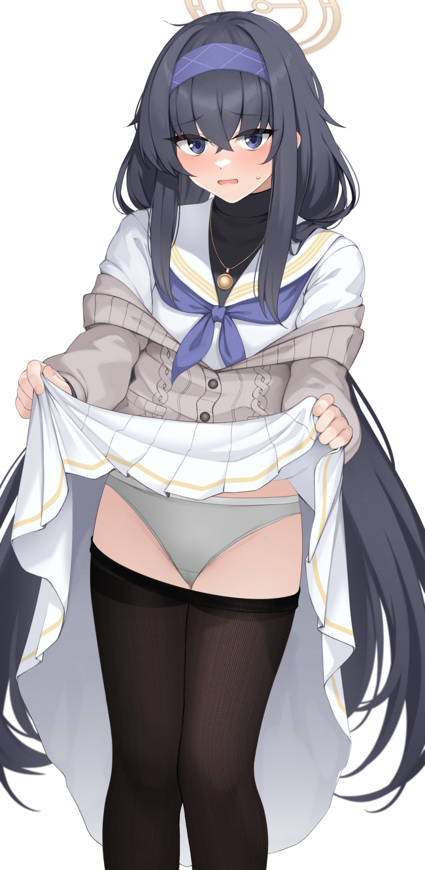 1girl black_hair black_pantyhose blue_archive blue_eyes blue_hairband blue_neckerchief clothes_lift clothes_pull grey_panties hair_between_eyes hairband halo highres lifted_by_self long_hair long_sleeves looking_at_viewer momoiro_lettuce neckerchief open_mouth panties pantyhose pantyhose_pull shirt simple_background skirt skirt_lift solo standing ui_(blue_archive) underwear very_long_hair white_background white_shirt white_skirt