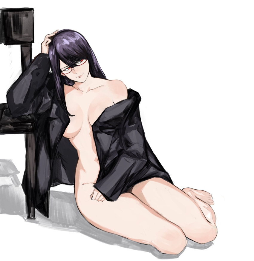 1girl bangs barefoot black_jacket breasts chair glasses groin hand_on_own_head highres jacket kamishiro_rize large_breasts leaning_to_the_side long_hair long_sleeves naked_jacket open_clothes open_jacket red_eyes shiny_hair solo tokyo_ghoul yourfreakyneighbourh