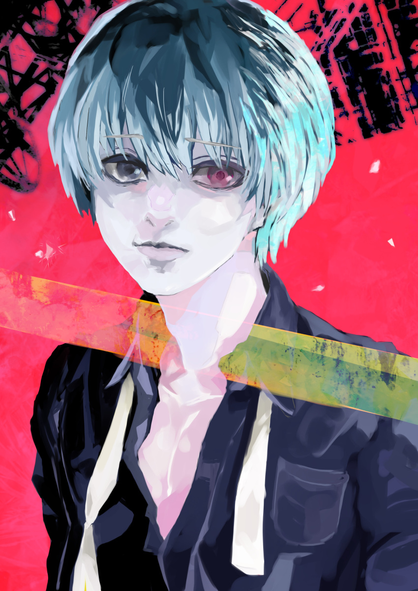 1boy absurdres bangs black_background black_eyes black_shirt breast_pocket closed_mouth collared_shirt gradient_hair grey_hair heterochromia highres kaneki_ken kyuuba_melo looking_at_viewer multicolored_hair pocket red_background red_eyes sasaki_haise shirt solo tokyo_ghoul upper_body